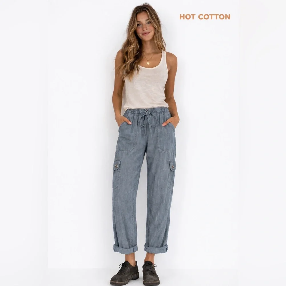 Hot Cotton Linen Cargo Pants Women’s Medium Gray Drawstring Utility outdoor - Picture 1 of 11